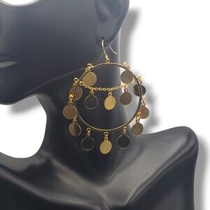 Gold Tone Coin Dangle Hoop Hook Earrings Boho